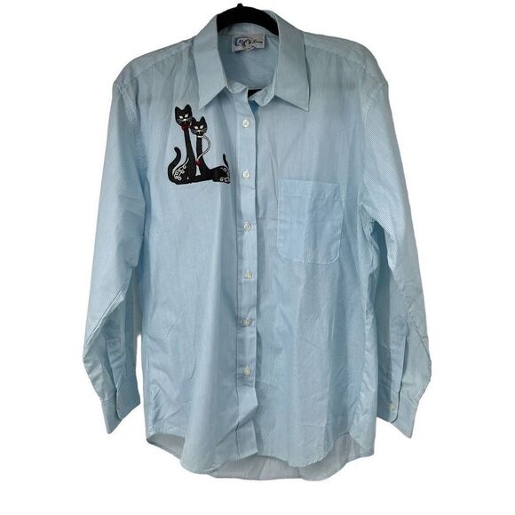 Handmade Vintage MCM Cat Appliqué  Pinstripe‎ Button Down Shirt - Picture 1 of 7